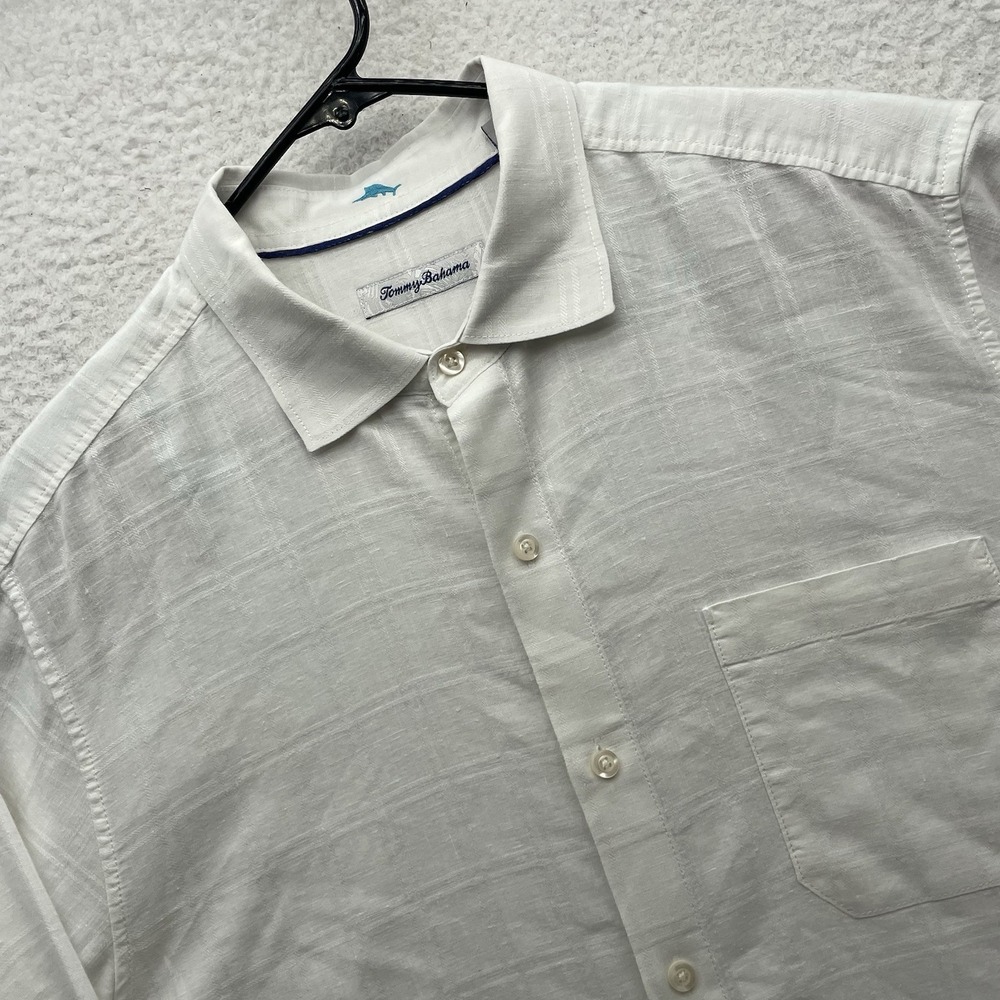 Tommy Bahama Shirt Mens XL White‎ Grid Check Linen Blend Resort Relax Casual Dad
